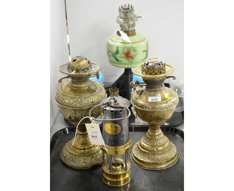 A selection of lamps and lighting, including: two Victorian brass oil lamps; a Patterson Lamp Ltd., Gateshead-on-Tyne brass m