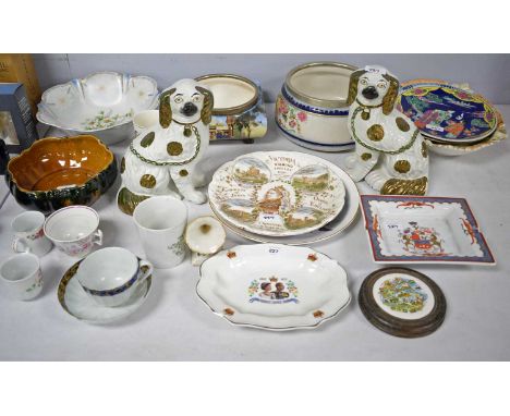 A selection of Victorian and later ceramics, including: a pair of Staffordshire Wally dogs, 24cms high; a Chinese blue and wh