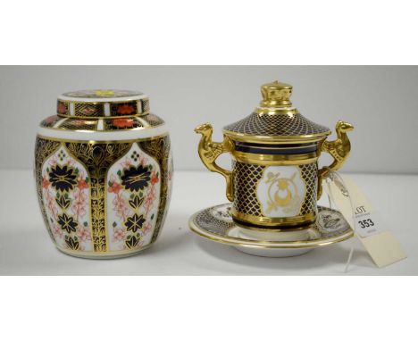 Royal Crown Derby Imari pattern ginger jar with cover, pattern no. 1128, 11cms high; a Spode twin handled cup, with cover and