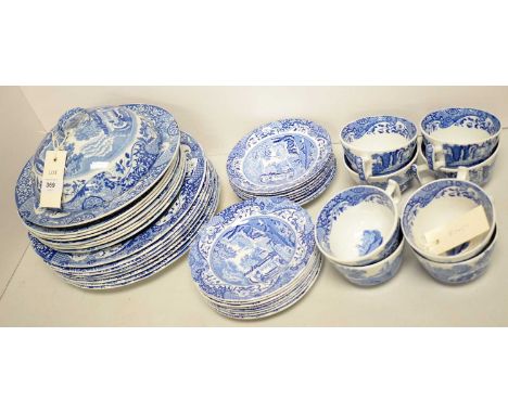 A Spode's Italian pattern blue and white dinner service, comprising: eight place settings and eight teacups (one fish plate m