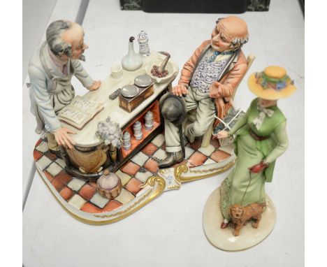 A Capodimonte figure group of 'The Apothecary Shop', showing a Chemist and a seated gentleman, signed by R. Guidolin, approxi