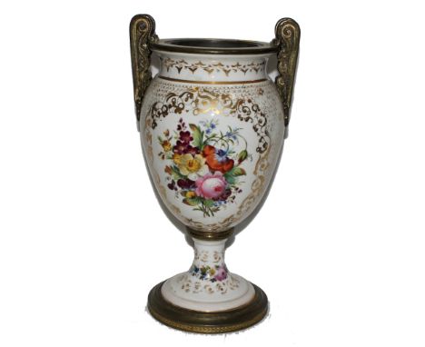 A 19th century French-style two handled ceramic urn with gold rim decoration, floral and foliate depictions on a circular foo