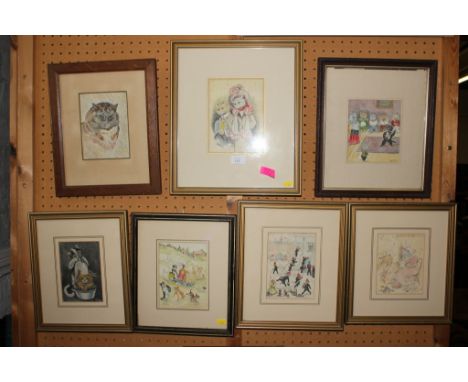 Louis Wain, (1860-1939), a selection of seven early 20th century bookplate prints, some hand coloured, depicting cats in cost