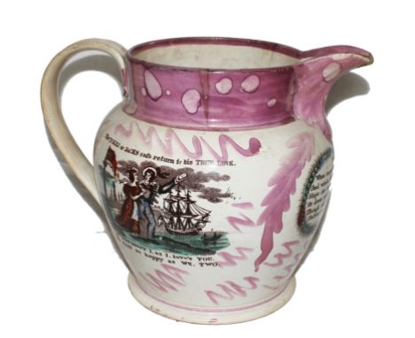 A 19th century ceramic picture depicting a frigate in full sail and 'A token or jacks safe return to his True Love' with hand