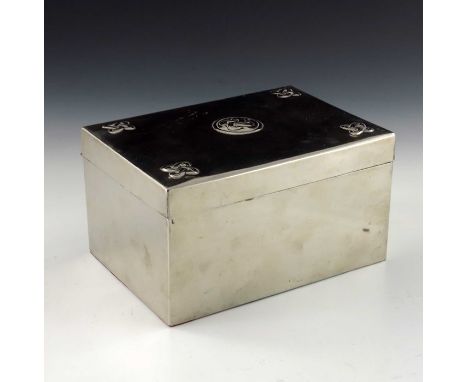 Glasgow School, an Arts and Crafts chrome casket, cuboid form, embossed in the Iona style with Celtic knot motifs to the hing
