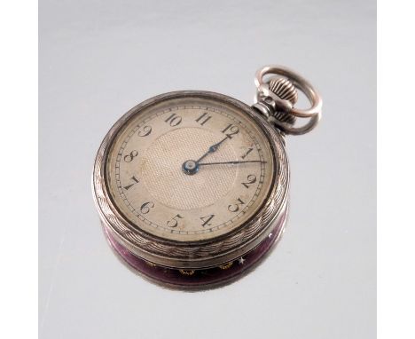 A silver and enamelled fob watch, the purple guilloche and gold painted enamel back with silver stars, engine turned dial wit