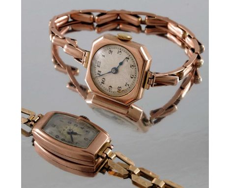 Two 9 carat gold ladies wrist watches, one with square chamfered case, engine turned dials, each on metal straps, 2.1cm squar