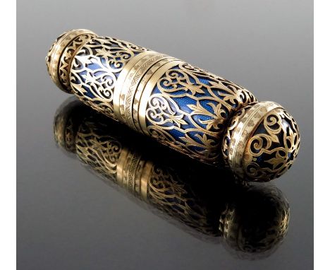 A Victorian silver gilt and enamelled double scent bottle vinaigrette, Henry William Dee, London 1870, retailed by W J Thomas