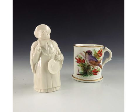 A Royal Worcester Mandarin Man candle snuffer, undecorated, together with a bird painted coffee can, probably by John Hopewel