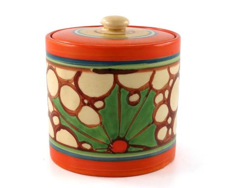 Clarice Cliff for Wilkinson, a Broth preserve pot, designed circa 1929, cylindrical form with concentric banding, printed Fan