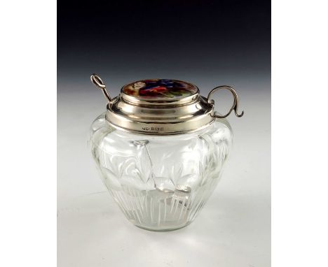 H Martin for Royal Worcester, a fruit painted plaque set silver mounted and cut glass preserve pot, circa 1912, shouldered co