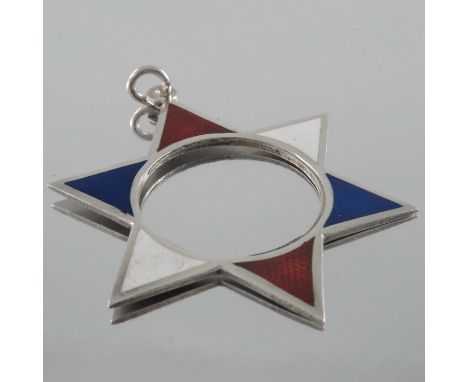 An Edwardian silver and enamelled pendant, J and R Griffin, Chester 1904, six pointed star with alternating blue, red and whi