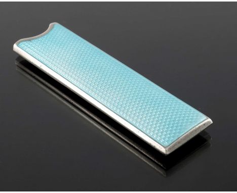 An Art Deco silver and enamelled page turner handle or sleeve pouch, Cohen and Charles, London 1925, rectangular with pale bl