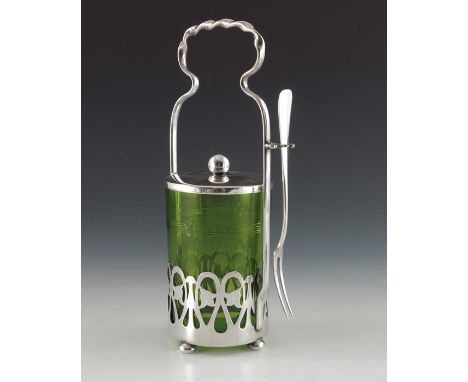 WMF, a Jugendstil silver plated and green glass pickle jar, the cylindrical body cut with floral rosette and concentric bands