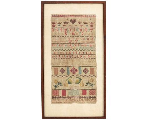 A George II strip sampler, dated 1730, framed