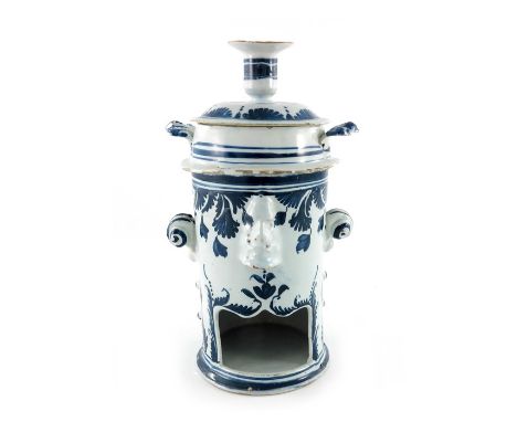 A London Delft blue and white food warmer candlestick, circa 1760, the twin scroll handled cylindrical body with tealight ope