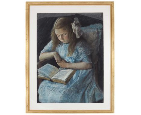 British School (early 20th century), Portrait of a Child Reading, possibly Elizabeth Bowes-Lyon (Queen Mother), pastel portra