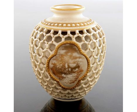 George Owen for Royal Worcester, a double walled blind reticulated vase, 1890, ovoid shouldered form, the outer shell pierced