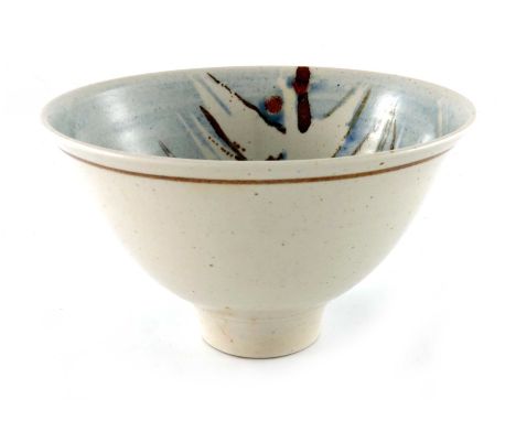 David Lloyd Jones (1928-1994), a studio pottery bowl, ogee conical form, oatmeal glazed, the interior painted with stylised b