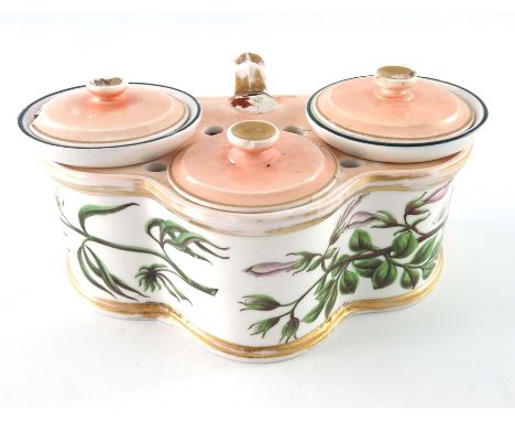 A Minton porcelain botanical painted ink stand, circa 1800, lobed bough pot form with handle, peach lidded covers, decorated 