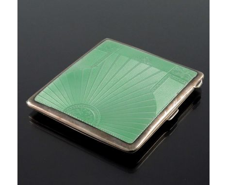 A George VI silver and enamelled cigarette case, Birmingham 1936, rectangular cushioned with green guilloche enamel fan and b