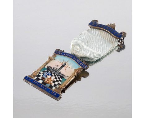 An Elizabeth II silver gilt and enamelled Masonic Founder badge, London 1960, Nore Light Lodge No 35, painted with ship and M