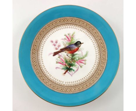 John Hopewell (attributed) for Royal Worcester, a bird painted cabinet plate, within sky blue border,  1881, impressed and pr