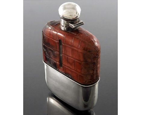 A George V silver and alligator hip flask, Frederick Asman and Co., Sheffield 1930 to 1934, the glass body half sleeved in le