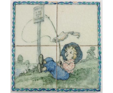 An Arts and Crafts four tile panel, circa 1920, painted with a boy fishing, within a wave and dot border, each tile 10cm squa