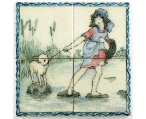 An Arts and Crafts four tile panel, circa 1920, painted with a girl and lamb crossing a stream, within a wave and dot border,