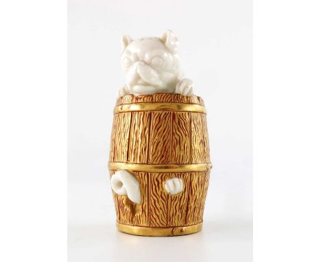 A Royal Worcester pepper pot circa 1883, modelled as a pug dog climbing out of a gilt barrel, green printed marks, 7.5cm high