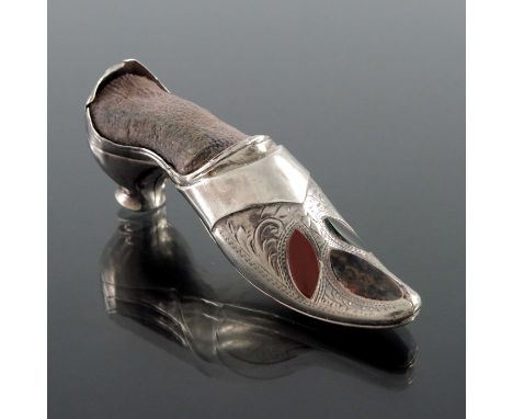 A Victorian silver and Scottish hardstone set novelty pin cushion, apparently unmarked, in the form of a shoe, chased and eng