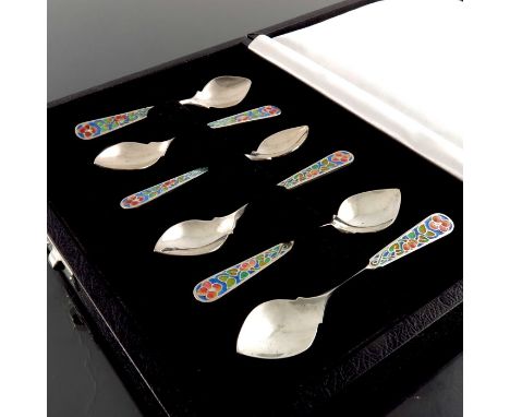 Bernard Instone, a matched set of six Arts and Crafts style silver and enamelled coffee spoons, Birmingham 1924 and 1957, ste