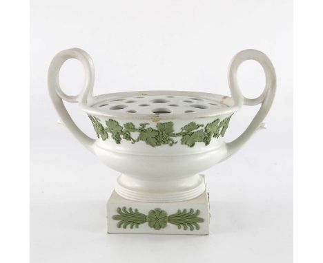 A Wedgwood green and white Jasperware vase, twin handled squat Kantharos form, circa 1820s, applied with a fruiting vine to t