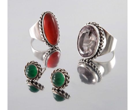 A pair of early 20th century silver chalcedony earrings, together with a carnelian ring and an amethyst ring