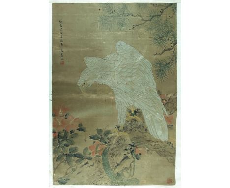China (18th/19th century), Falcon, ink and watercolour, seal stamped / Chinese character marks, 77cm x 62cm, framed