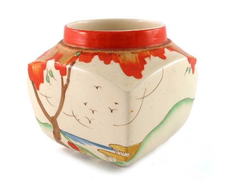 Clarice Cliff for Wilkinson, a Taormina preserve pot, designed circa 1936, square section, shape 516, printed Clarice marks, 