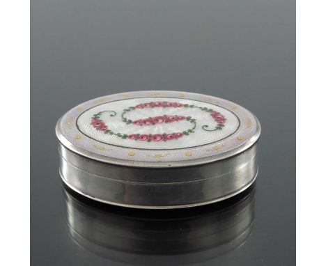 An Austrian silver and enamelled snuff box, import marks Saunders and Shepherd, London 1911, oval form, the lid with painted 