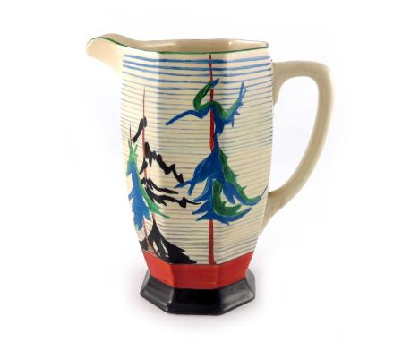 Clarice Cliff for Wilkinson, a Pine Grove Athens jug, designed circa 1935, printed Bizarre marks, 20.5cm high 