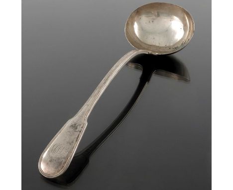 A George IV silver soup ladle, Thomas Wilkes Barker, London 1825, Fiddle and Thread Pattern, 33.5cm long, 8.38ozt