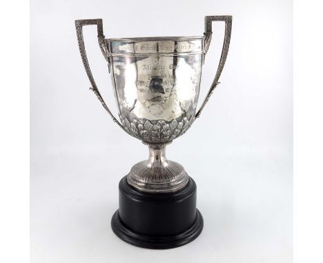 A large Victorian silver trophy cup, Thomas Bradbury and Sons, London 1880, Neoclassical twin handled urn form, cast and chas