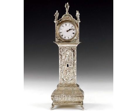 A 19th century Dutch silver novelty longcase clock, import marks Lewis Lewis, London 1891, embossed Rococo scroll and figural