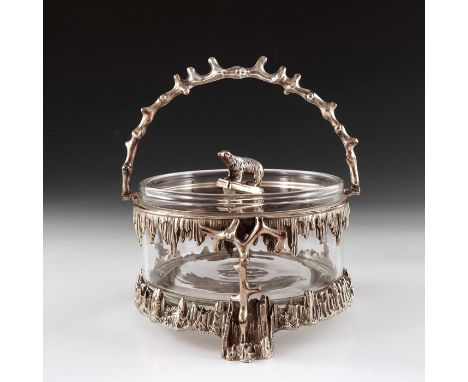 An Edwardian novelty silver plated and glass sardine pot or ice bucket, Walker and Hall, circa 1910, the cylindrical drum bod