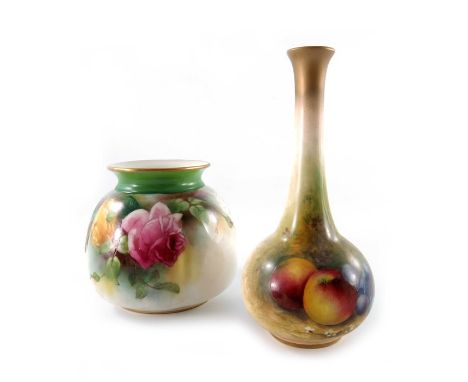 E Townsend for Royal Worcester, a fruit painted vase, 1926, globe and shaft form, together with a rose painted vase, of lobed