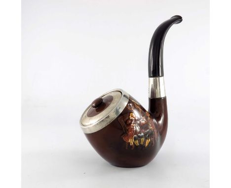 A Royal Doulton silver mounted Kingsware tobacco jar and cover, modelled as a pipe, relief decorated with smoking gentlemen, 