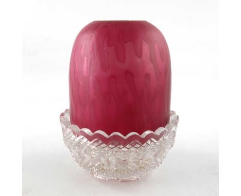 A Victorian mother of pearl diamond quilted glass fairy lamp on Clarke's Pyramid base, cranberry pearlescent cased domed shad