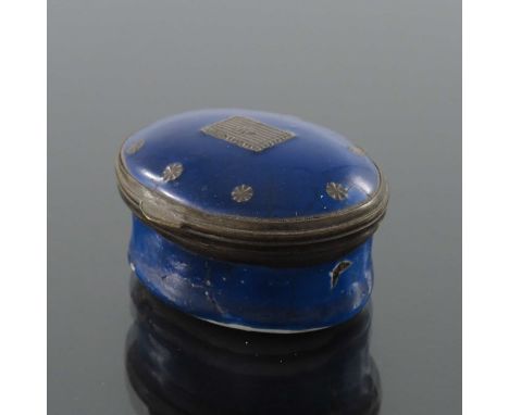 A George III Bilston enamelled patch box, oval blue with applied silver rosettes and central panel, internal mirror to the li