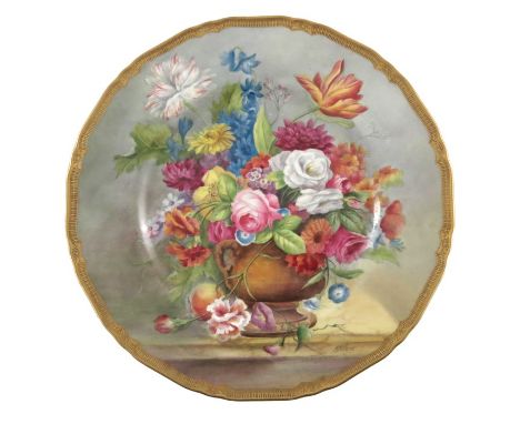 H H Price for Royal Worcester, a floral painted cabinet plate, decorated with a vase of flowers, within tooled gilt ogee bord