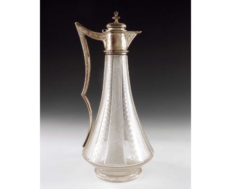 A Victorian silver mounted glass claret jug, Atkin Brothers, Sheffield 1869, tapered and angled baluster form, cut and etched