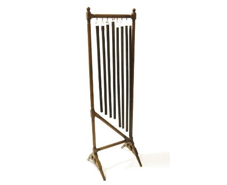 An Aesthetic Movement oak framed tubular bell harp or chimes, turned and jointed construction with angled spindle legs, 51cm 